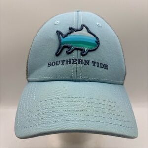 Southern Tide Skipjack Logo Patch Blue/Gray Mesh High Crown Trucker SnapBack Hat